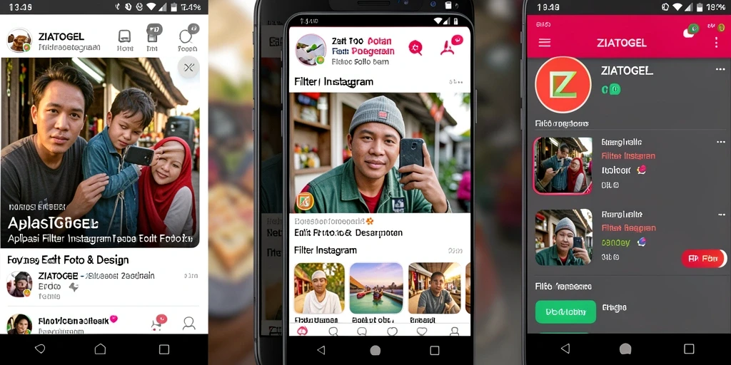 Tampilan antarmuka ZIATOGEL dengan filter Instagram yang beragam.